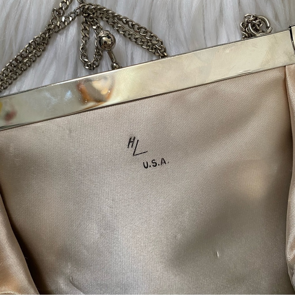 Vintage HL USA Satin Handbag Set Coin Purse Mirror Silver Convertible Chain VTG - Picture 9 of 16